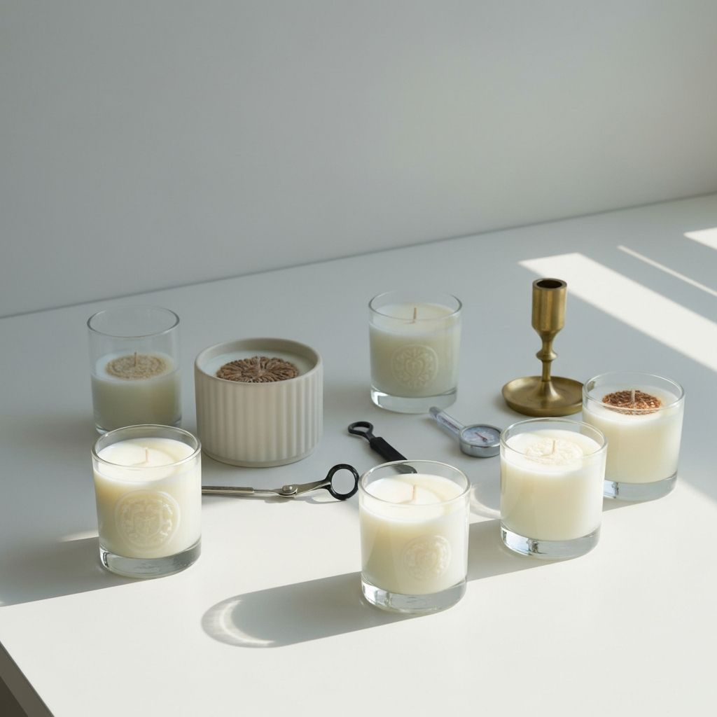 Studiowerkbank mit fertigen Kerzen, Duftzubehör und Werkzeugen