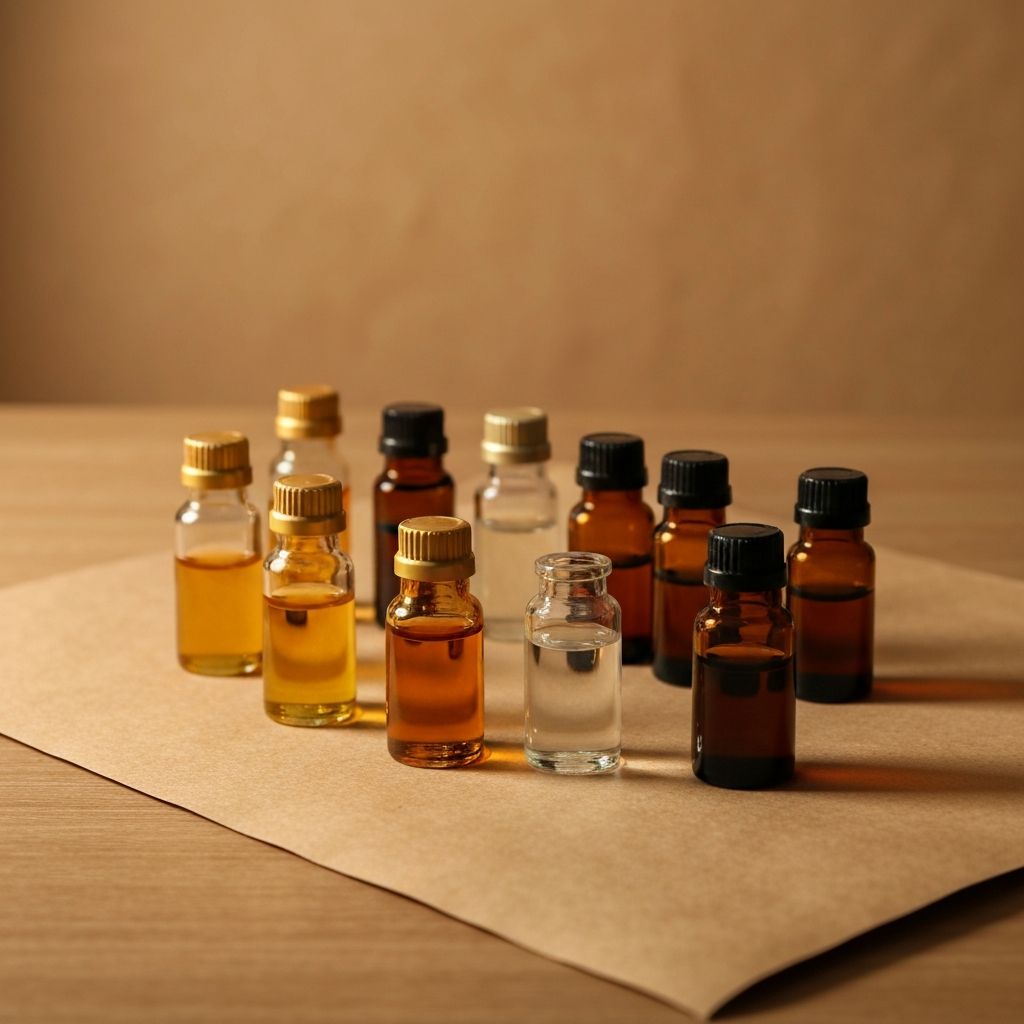 Fläschchen mit Duftkonzentraten in verschiedenen Farbtönen auf Packpapier