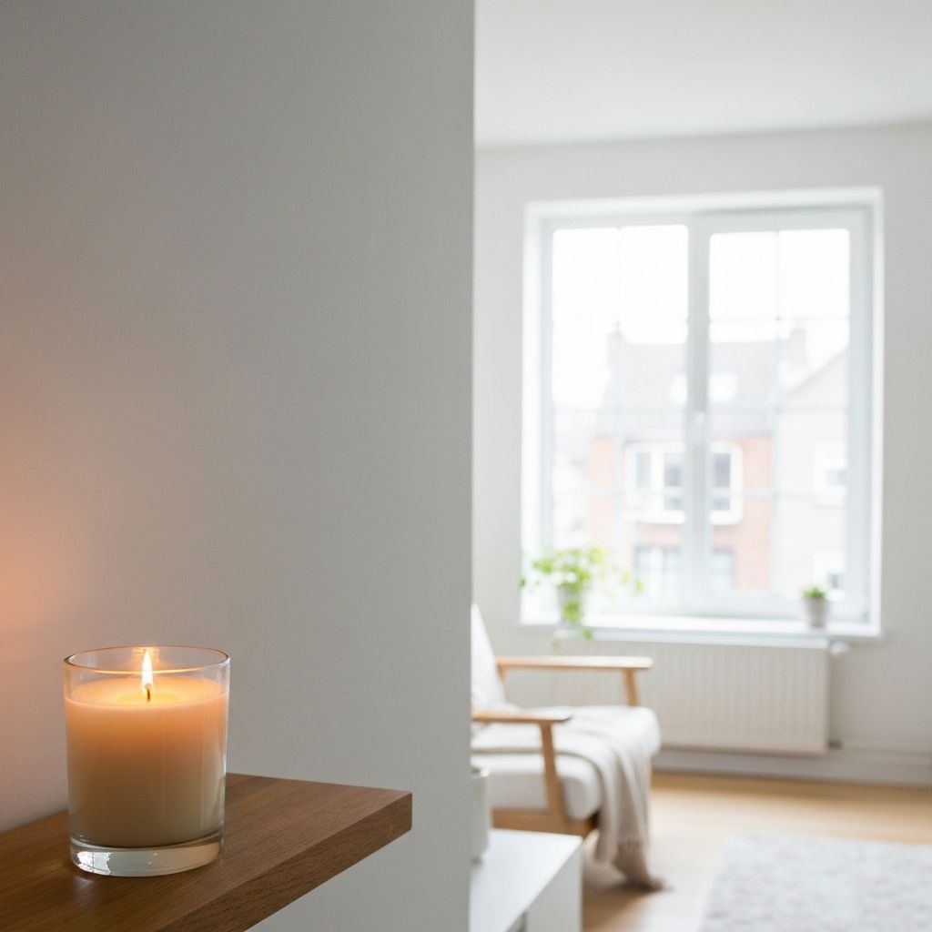 Helles Wohnzimmer mit angezündeter Duftkerze auf Regalbrett