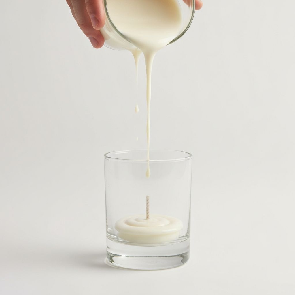 Flüssiges Sojawachs wird langsam in Behälter gegossen mit kontrollerter Hand